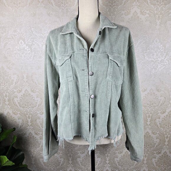 POL Size Large Light Green Corduroy Shacket Button Front Distressed Front Hem - Picture 1 of 15